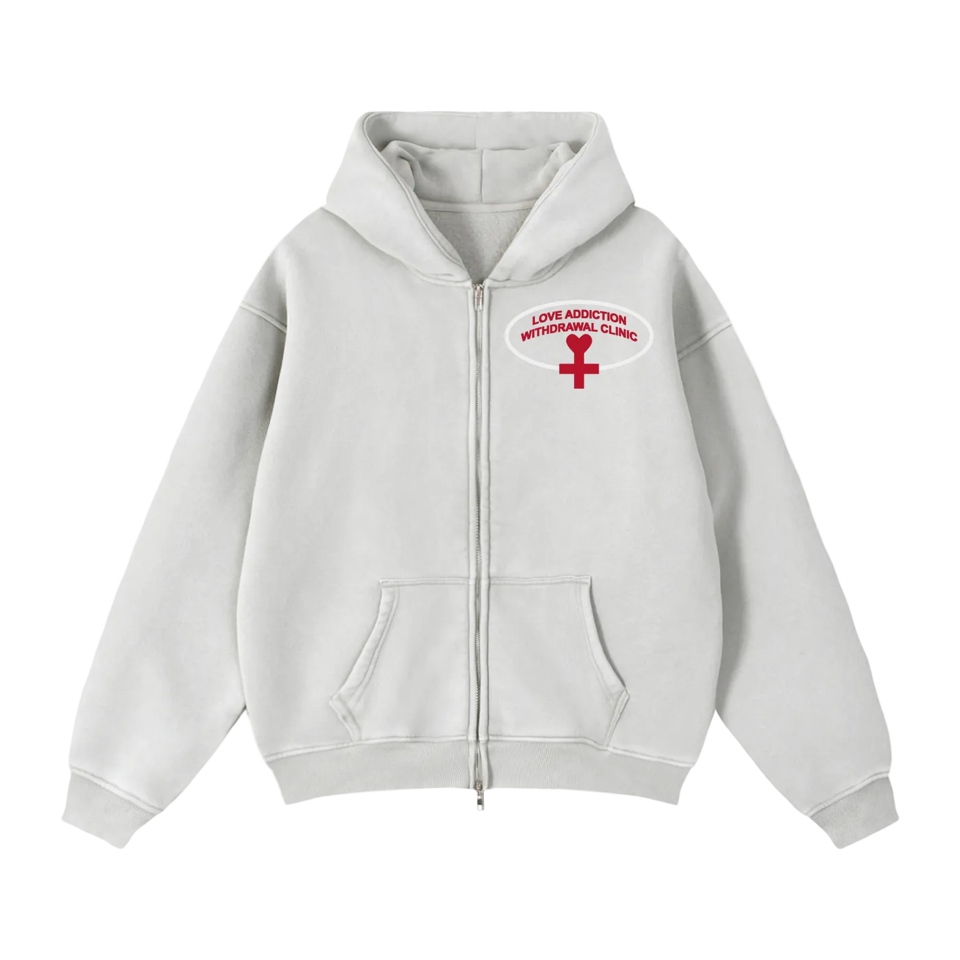A light gray zip-up hoodie with a red and white graphic on the left chest reading 'LOVE ADDICTION WITHDRAWAL CLINIC' with a red cross symbol.