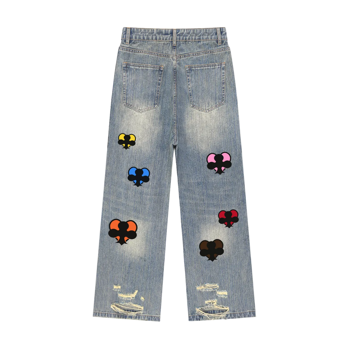 Light wash blue denim jeans shown from the back, featuring distressed rips at the hem, classic back pockets, and multiple colorful embroidered playing card patches on the legs.