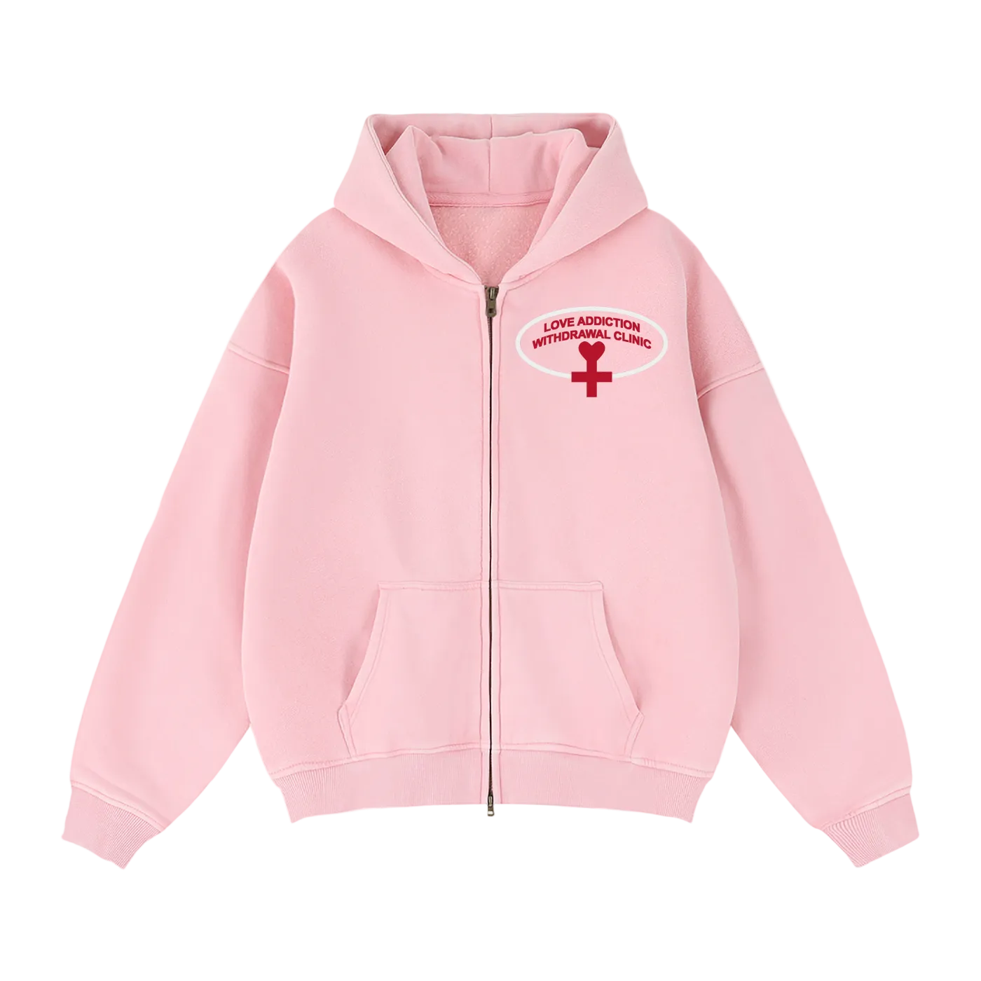 A light pink zip-up hoodie with a red and white graphic on the left chest reading 'LOVE ADDICTION WITHDRAWAL CLINIC' with a red cross symbol.