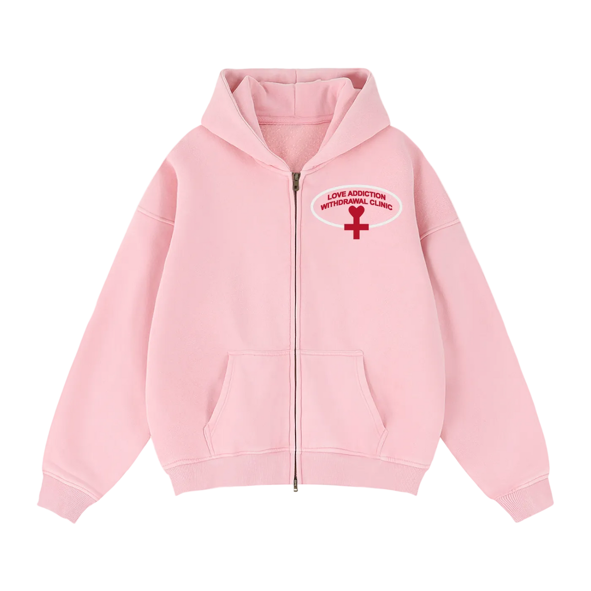 A light pink zip-up hoodie with a red and white graphic on the left chest reading 'LOVE ADDICTION WITHDRAWAL CLINIC' with a red cross symbol.