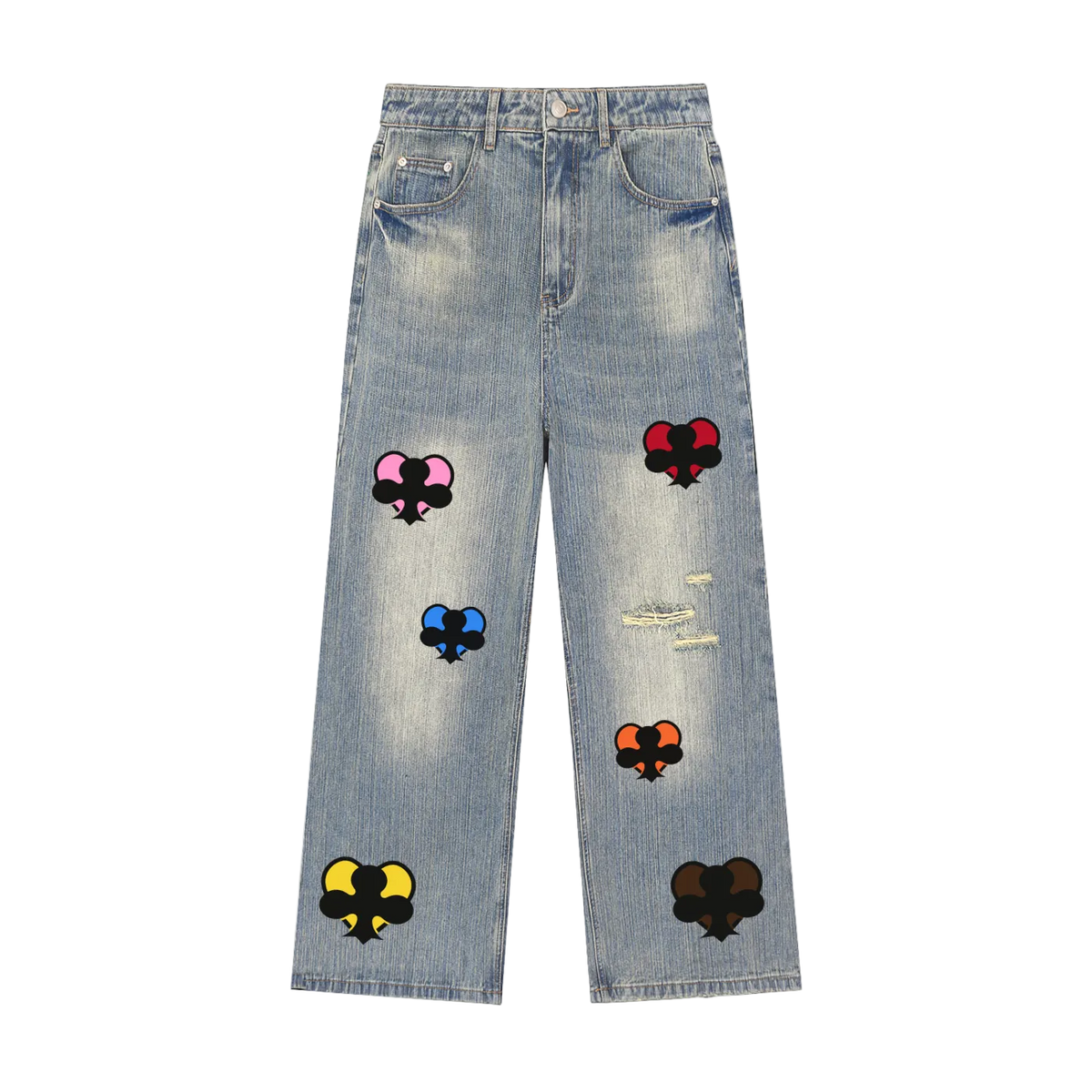 Light blue denim jeans with distressed rips and colorful embroidered patch designs featuring black spades with pink, red, blue, orange, yellow, and dark brown details, shown flat on a white background.